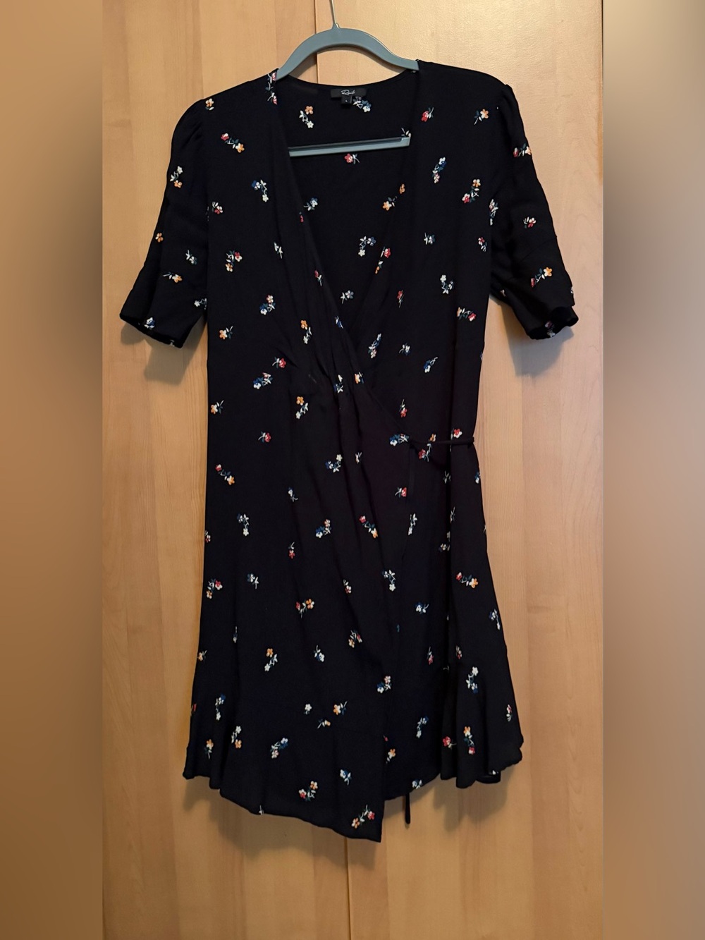 Rails Black Floral Wrap Dress with Red, Blue and Yellow Accents